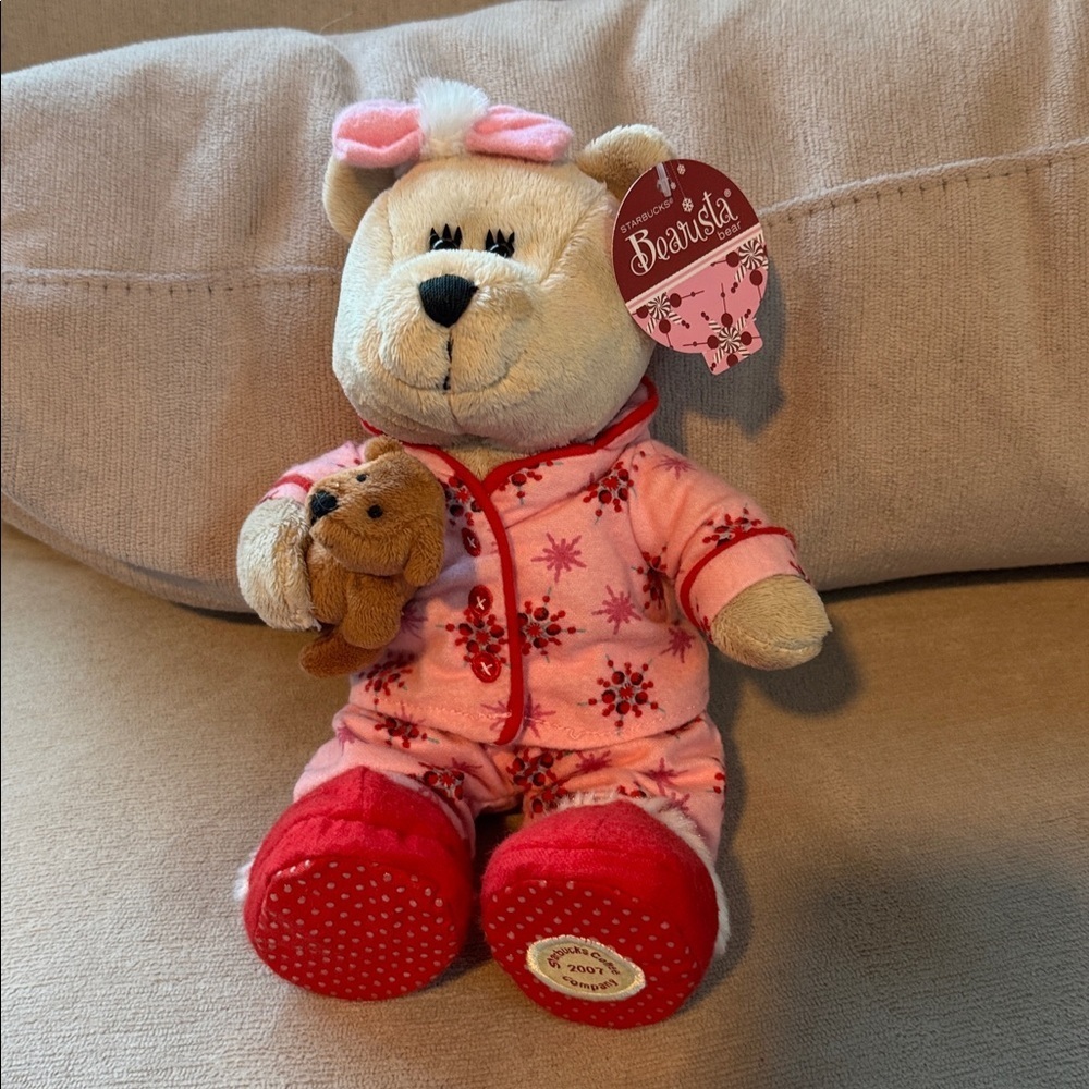 Starbucks Bearista Plush in Pink Floral Pajamas with Red Slippers